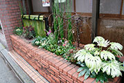 緑化施工後のレンガ造りの花壇写真