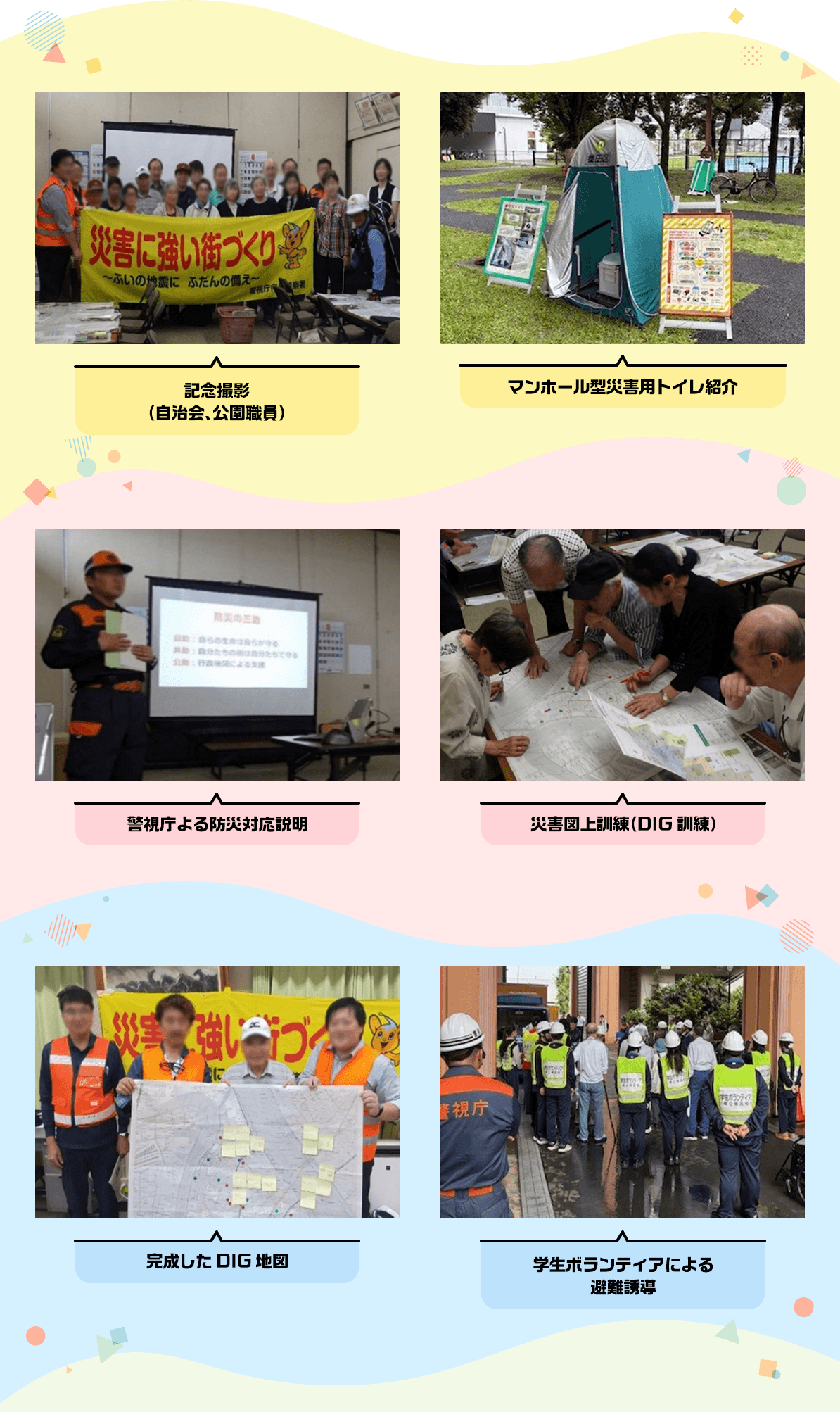 記念撮影（自治会、公園職員） マンホール型災害用トイレ紹介 警視庁よる防災対応説明 災害図上訓練（DIG訓練） 完成したDIG地図 学生ボランティアによる避難誘導