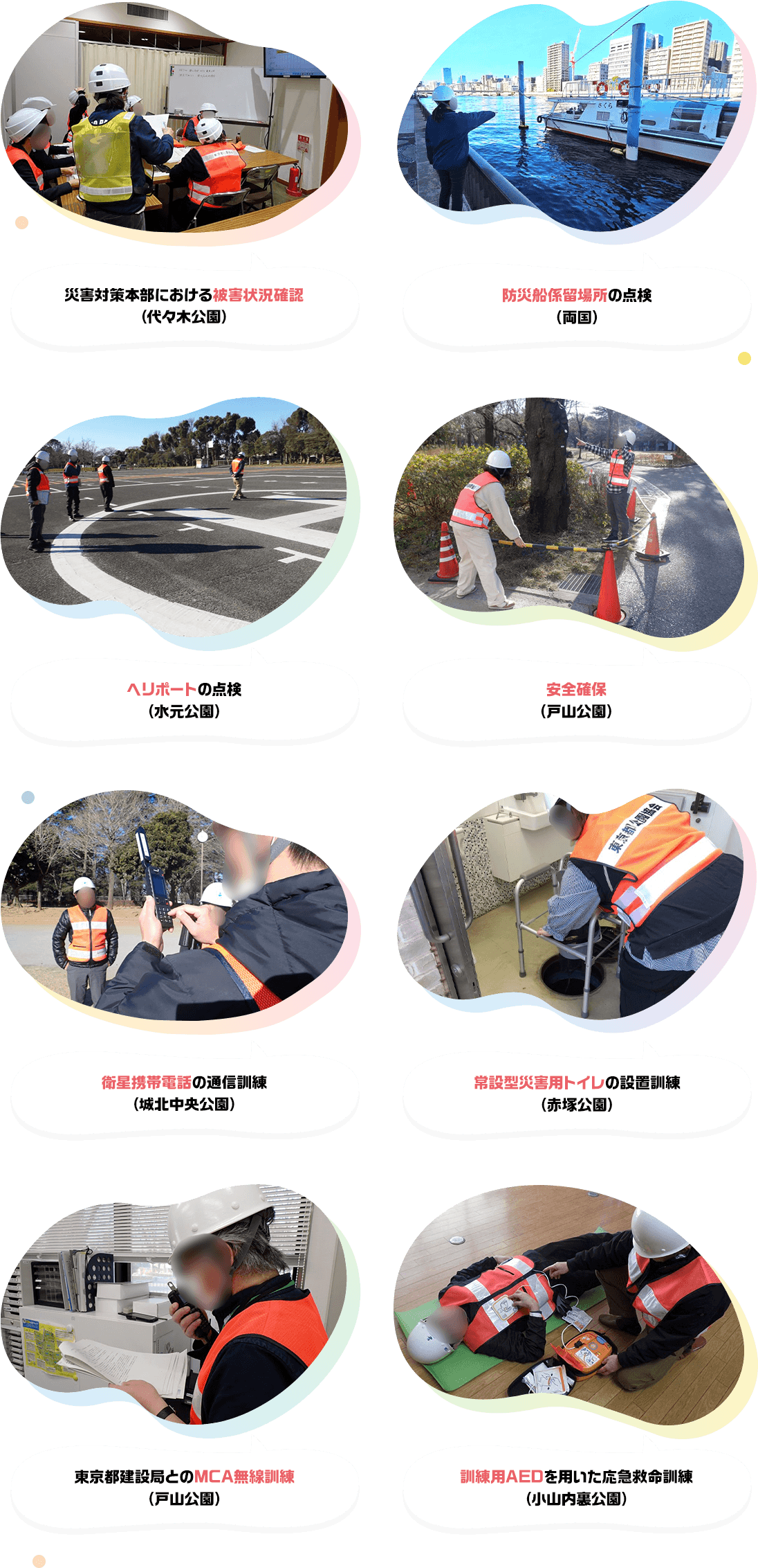 災害対策本部における被害状況確認（代々木公園）、防災船係留場所の点検（両国）、ヘリポートの点検（水元公園）、安全確保（戸山公園）、衛星携帯電話の通信訓練（城北中央公園）、常設型災害用トイレの設置訓練（赤塚公園）、東京都とのMCA無線訓練（戸山公園）、訓練用AEDを用いた応急救命訓練（小山内裏公園）