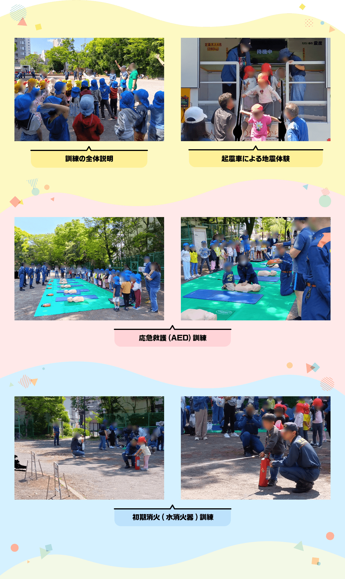 訓練の全体説明　起震車による地震体験　応急救護（AED）訓練　初期消火（水消火器）訓練