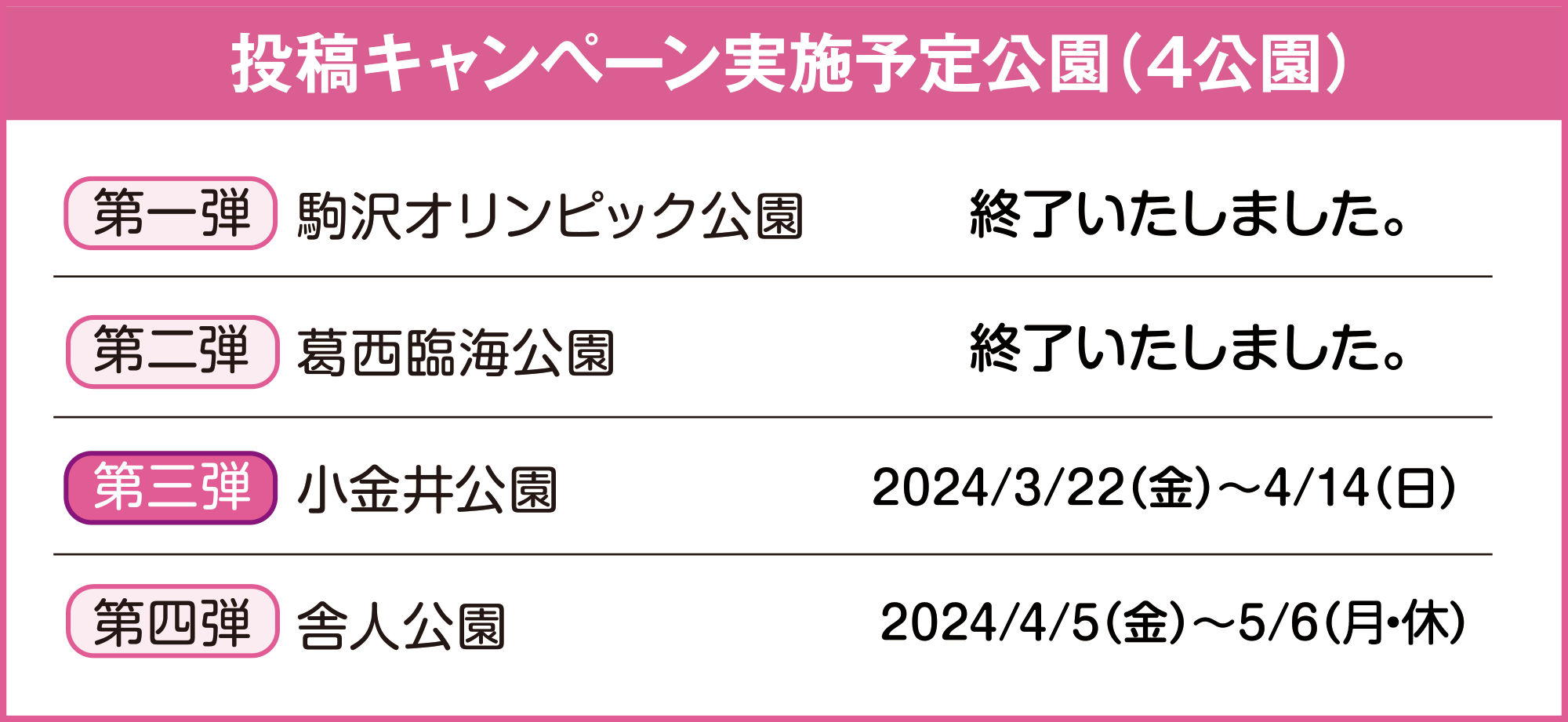 投稿キャンペーン実施予定公園(4公園)